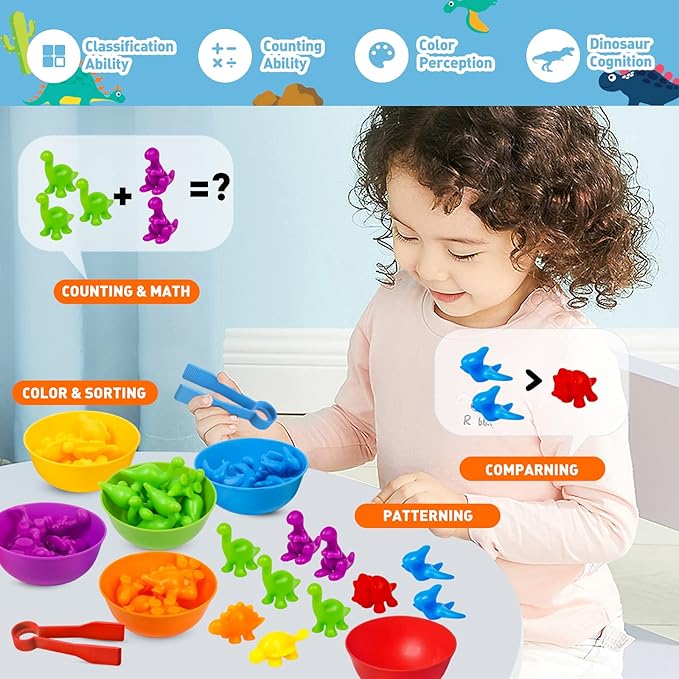 Counting Dinosaurs Color Sorting Toys with Rainbow Bowls,Sensory Training & Counting Activity Montessori Education Learning Activities Christmas Stocking Stuffers Gifts for Boys Girls