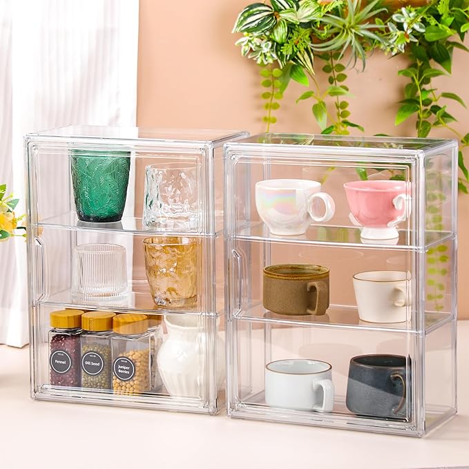 4 Pcs Clear Acrylic Display Case 3 Tier Display Shelf Storage Boxes Cabinet Organizer with Magnetic Door for Figures Toys (Clear)
