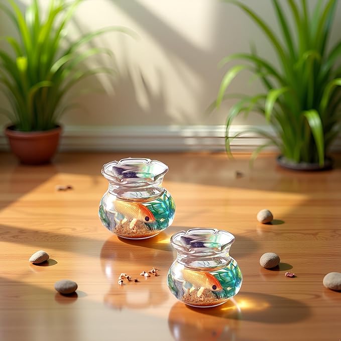 2 Pieces Miniature Fish Bowl Set, Round Resin Fish Tanks with Goldfish Grass, Dollhouse Accessories Decor for Dollhouse Desktop Craft Project Decor