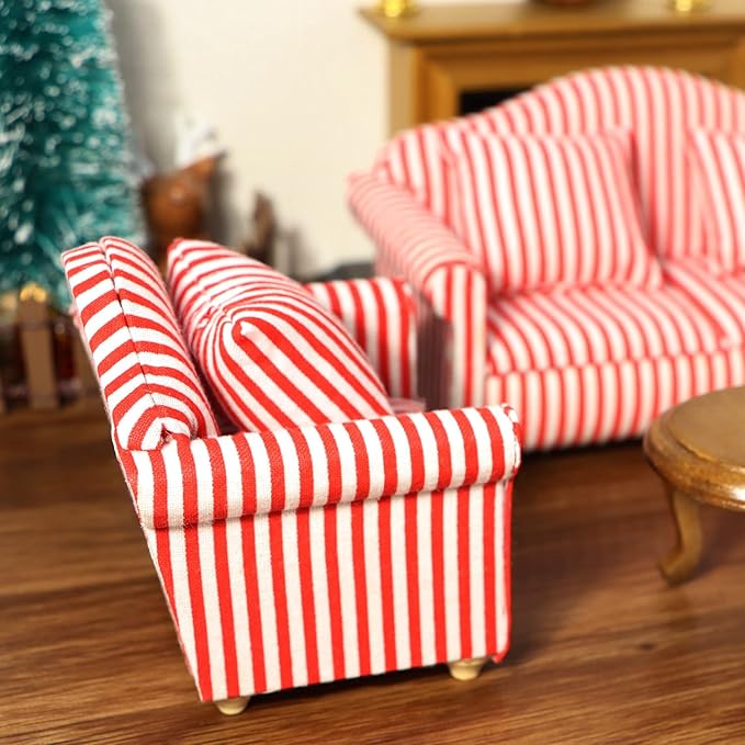 Dollhouse Couch with Pillow 1 12 Scale Miniature Sofa Arm Chair Living Room Furniture Wooden Fabric Frame Single Reading Chair Artificial House Room Scene Decoration (Stripe)