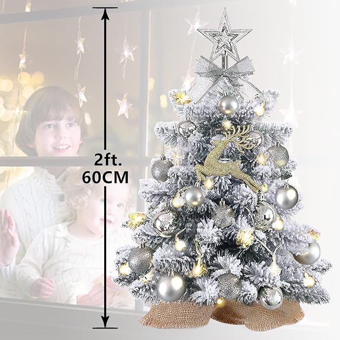 KOIUEYW Mini Christmas Tree Prelit, Small Artificial Christmas Tree with Lights, Pre Lit Little Decoration for Table Top Home Cafe Office, Snow Flocked