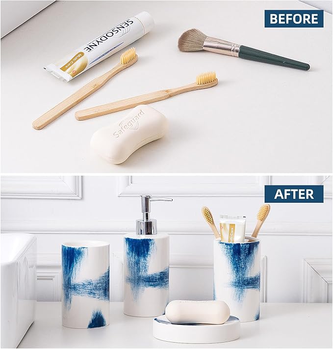 4 Piece Painted Ceramic Bathroom Accessory Set, Includes Soap Dispenser Pump, Toothbrush Holder, Tumbler, Soap Dish Sanitary, Ideas Home Gift for Ware Home Decor Bath(Blue & White)