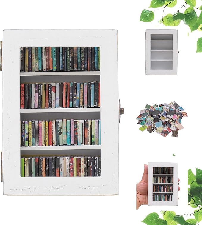 Anxiety Bookshelf Ornament With 100pcs Miniature Books| Anxiety Miniature Book Library | Small Wooden Pocket Bookshelf for Bookworms | Book Lovers Gift (White)