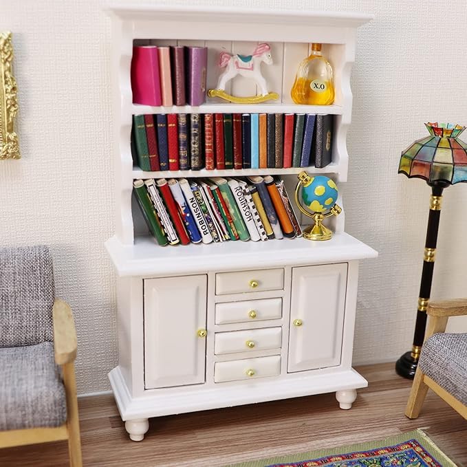 1:12 Scale Miniature Cupboard Bookshelf Classic Wooden Mini Storage Hutch Kitchen Dollhouse Bookshelf Wood Cabinet 1:12 Furniture Display Showcase Decoration Sideboard Accessories (White)