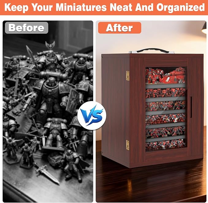 Miniature Storage Case for Collectibles, Miniature Display Cases with Magnetic Door and 6 Trays, Clear View Miniatures Transport Case (Mahogany)