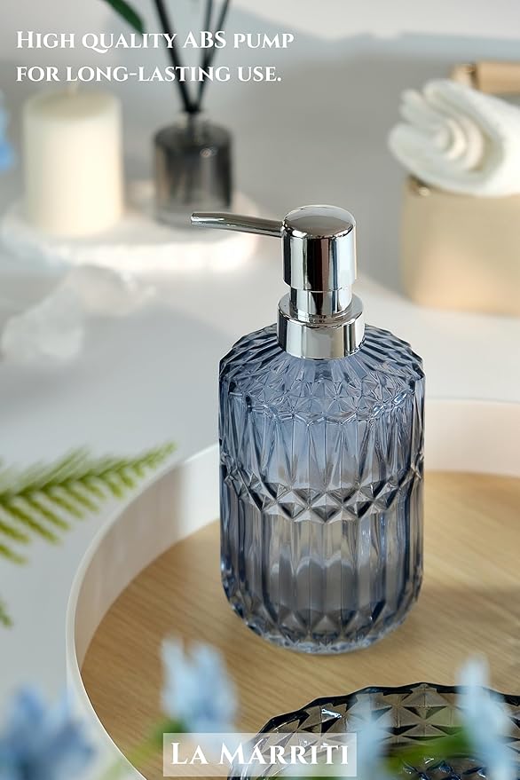 LaMarriti Blue Bathroom Accessories Set, 4Pcs Clear Glass Bathroom Accessories, Lotion Soap Dispenser Set, Toothbrush Holder, Qtips Holder, Soap Dish for Crystal Modern Bath Decor, Set