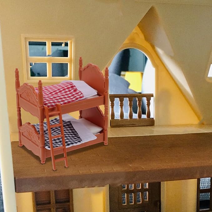 SOIMISS Dollhouse Bunk Bed Decoration, Mini Doll House Double Beds with Ladder Ornament Dollhouse Accessories 1:12 Scale Miniature Scene DIY Kit, 4 Inch