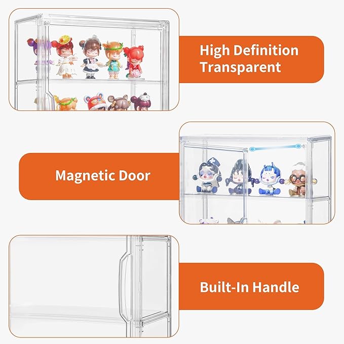 Attelite Acrylic Display Cases for Collectibles,3 Layer Clear Display Case with Magnetic Door,Desktop Clear Showcase with 2 Adjustable Divider Storage Box for Action Figure