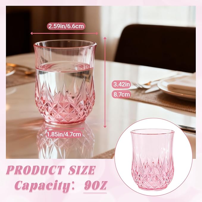 LEYIQU Stemless Wine Glasses, Plastic Reusable Cups Vintage Drinking Glasses Tumblers, Valentine’s Day Gifts for Couples, for Whisky, Beer, Juice, Beverages, Cocktai (24, Pink)