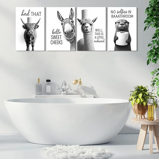 Funny Bathroom Wall Art Set of 4 Black and White Bathroom Wall Decor Toilet Paper Pictures Cute Humorous Animal Posters Prints Toilet Signs Painting Artwork Decoration 8x10in