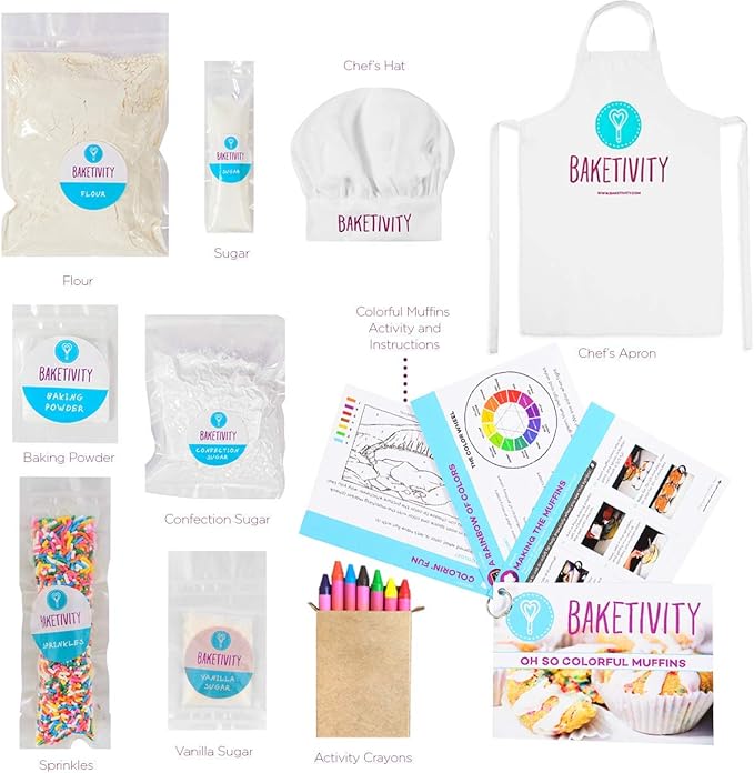 Baketivity Kids Baking DIY Activity Kit - Bake Delicious Confetti Muffins with Pre-Measured Ingredients – Best Gift Idea for Boys and Girls Ages 6-12 – Includes Free Hat and Apron
