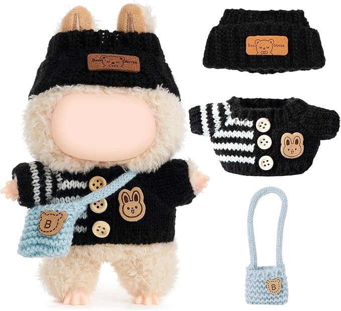 Clothes for LABUBU Doll (NO Doll), Handcrafted Crochet 3-Piece Accessories for LABUBU 17cm Dolls, Premium Outfit - Bunny Sweater + Hat + Bag, Cute Clothes for Dress up Unique Style (Black)