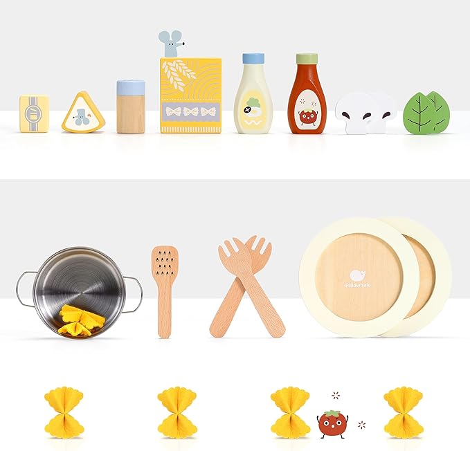 Pillowhale Pasta Food Toys, Wooden Play Kitchen Food , Play Food with Pots and Pans Playset, Kids Pretend Play Kitchen Accessories Toys Set for Girls Boys 3+Years Old