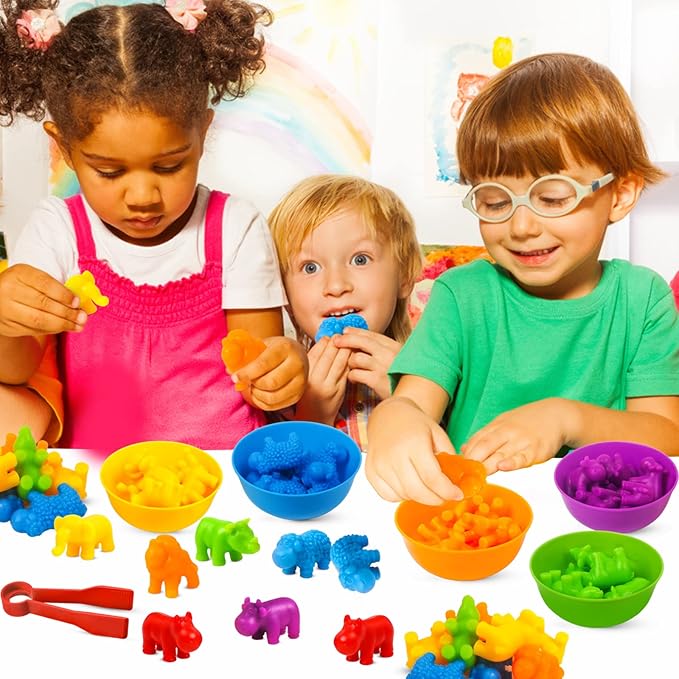 Counting Toys Matching Game for Kids with Sorting Bowls Preschool Learning Educational Activities Toys Color Classification and Sensory Game Set Toddler Fine Motor Toys for 3 4 5 Years Old-Animals
