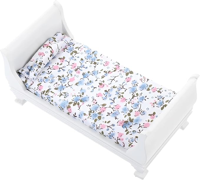 1/12 Dollhouse Bed Miniature Single Bed Vintage Woode Mini Bed for for 6 inch Dolls Dollhouse Bedroom Furniture with Bedding Fabric (White)