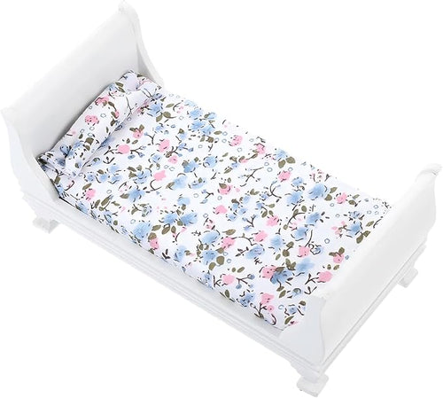 1/12 Dollhouse Bed Miniature Single Bed Vintage Woode Mini Bed for for 6 inch Dolls Dollhouse Bedroom Furniture with Bedding Fabric (White)