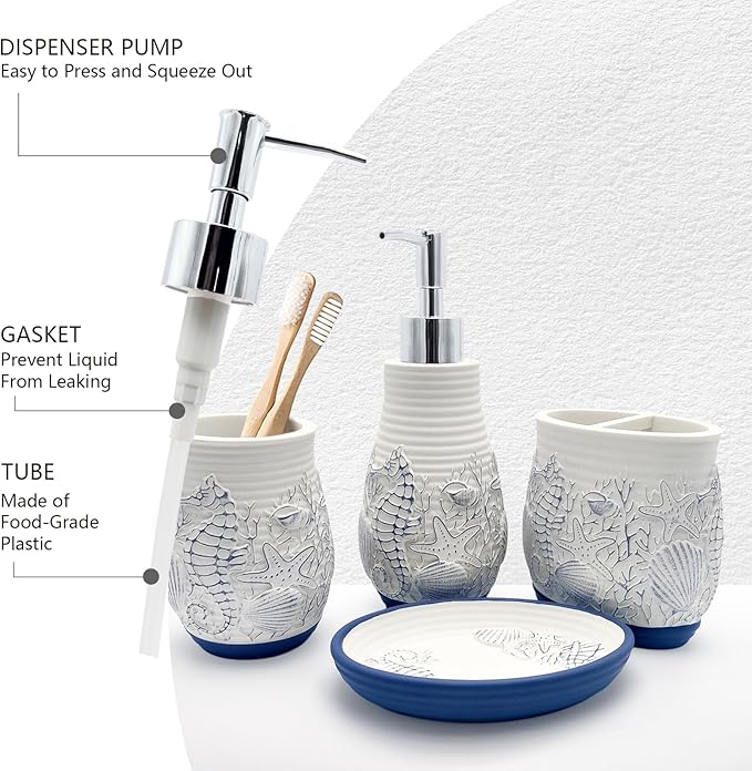 Beach Theme Bathroom Accessory Sets 4PCs Bathroom Set Complete Embossed Seashell Starfish Design Includes Lotion Dispenser Toothbrush Holder Tumbler Cup & Soal Dish