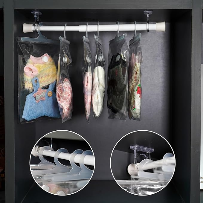 10 Pack Clear Doll Clothes Storage Bags with Hanging Rod & Hooks, Compatible with Labubu Clothes - PVC Transparent Organizer Set for Dolls, Space-Saving Wardrobe System