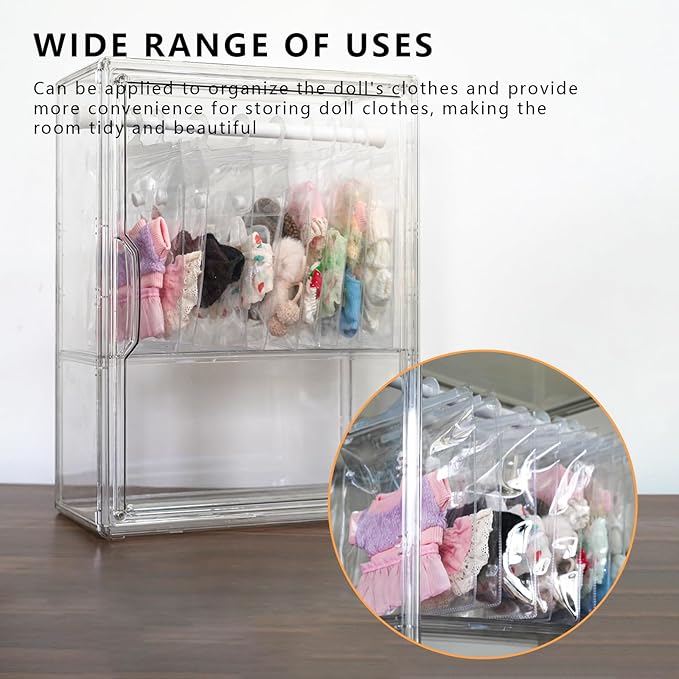 10 Pack Clear Doll Clothes Storage Bags with Hanging Rod & Hooks, Compatible with Labubu Clothes - PVC Transparent Organizer Set for Dolls, Space-Saving Wardrobe System