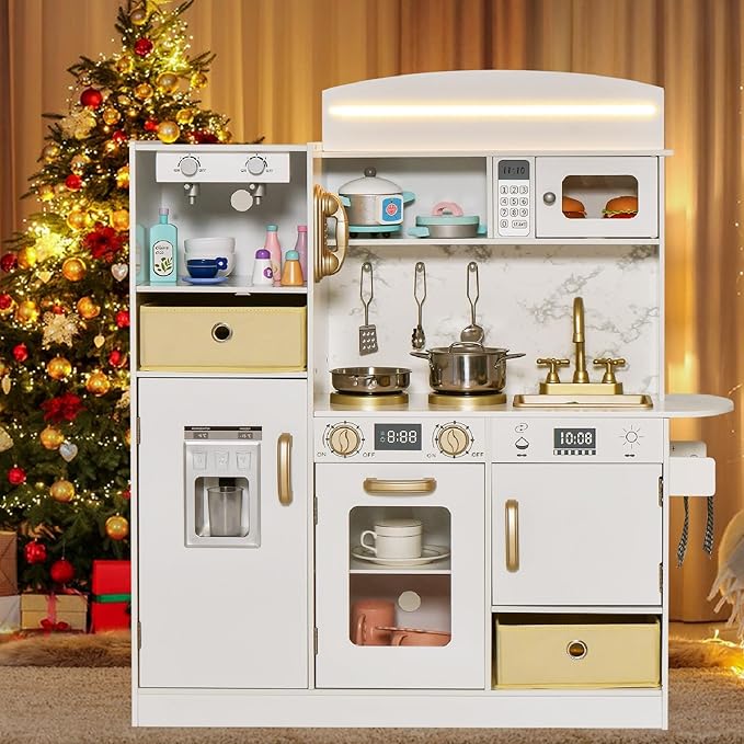 INFANS Kids Kitchen Playset with Lights, Toddler Wooden Pretend Cooking Set with Coffee Maker Ice Maker Stove Sink Microwave 2 Storage Bins, Simulation Play Kitchen Toy for Children Boys Girls