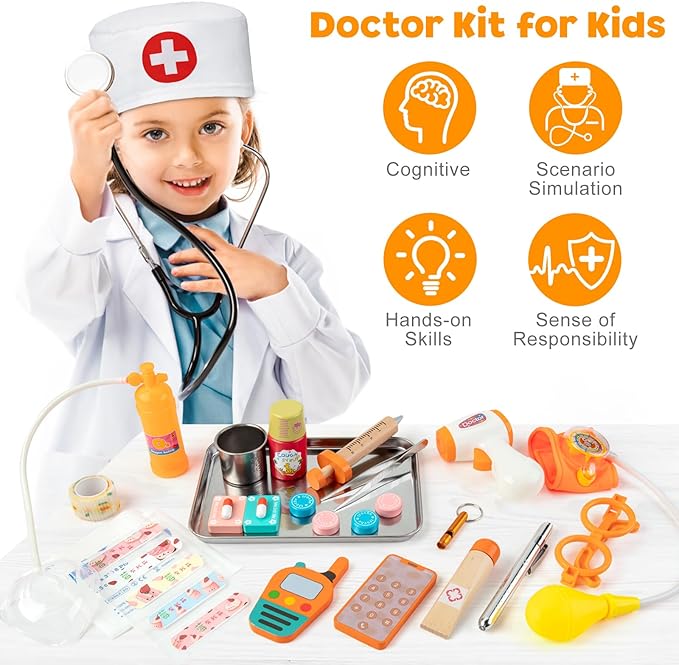 EFO SHM Doctor Kit for Kids, 34 Pcs Kids Doctor Playset kit for Toddlers 3-5 with Medical Storage Bag & Real Stethoscope, for Boys and Girls Fun Role Playing Game, Doctor Play for Kids Toddlers