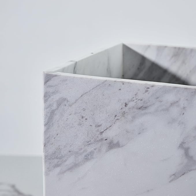Modern Square White Marble Waste Basket, Natural Stone Bathroom Trash Can, Decorative Home Garbage Container, Beautiful Marble Look Rubbish Bin for Bathroom, Bedroom, Kitchen, Home Office