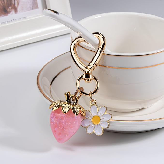 Wikavanli Cute Strawberry Keychain,Bag Charms,Kawaii Heart Flower Daisy Key chains Accessories Decor for Women Girls Purse