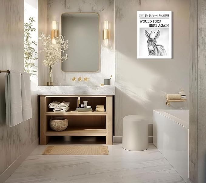 Black White Bathroom Silly Donkey Canvas Wall art Funny Donkey Toilet Paper On head Painting Picture Wall Decor Humorous Animals Poster Print Artwork for Toilet Bathroom Home Decoration 16x24in