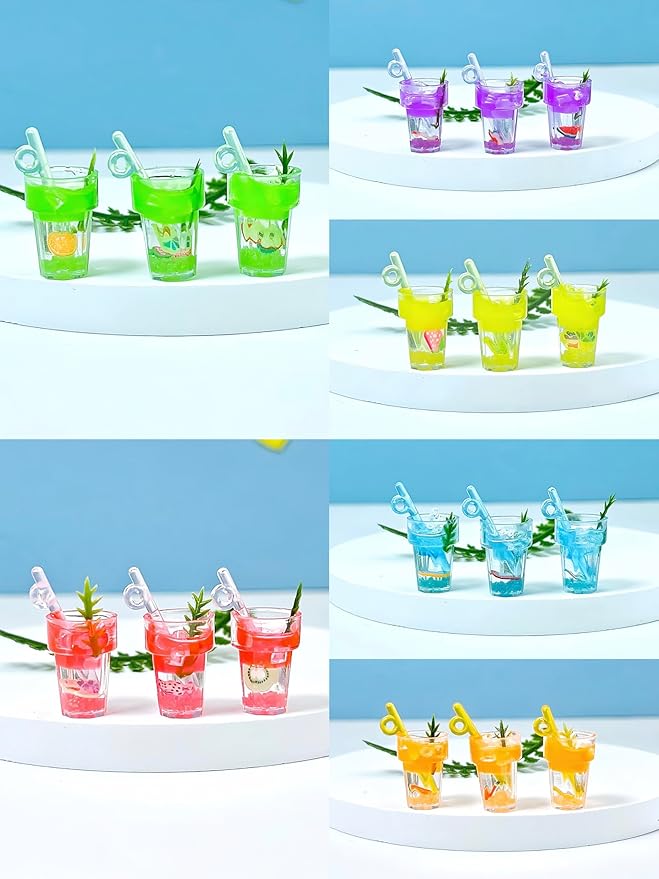 8 Pieces Miniature Dollhouse Drinks Set – Resin Glass Cup and Fruit Beverage Bottles, Simulated Drink Models for Summer Leisure-Themed Decor Decor, 1.05 x 0.39 Inch Mini Props for DIY Craft Display