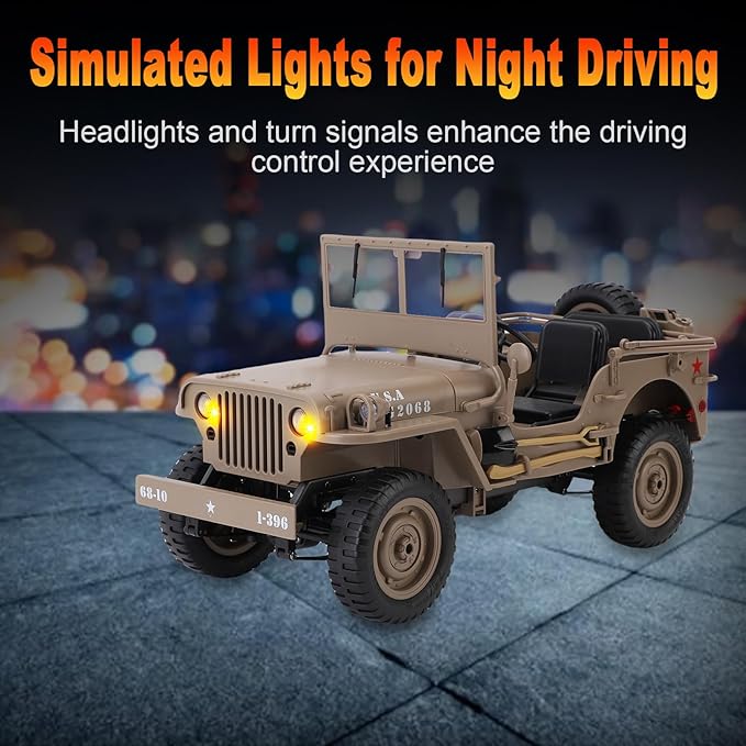 RC Crawlers, 1:10 Scale D888 Willys Military Jeep, 2.4Ghz 4WD Off Road Rock Crawler with Lights, Removable Accessories All Terrain RC Jeep Toy for Adult Teens-Upgradable (2 Batteries)