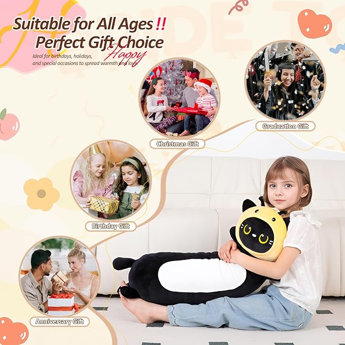 36 inch Bee Black Cat Long Plush Body Pillow Toy, Kitten Plushies with Stuffy Honeybee Oufit Big Stuffed Animals Gfit for Kids Boys Girls, Birthday, Halloween, Christmas