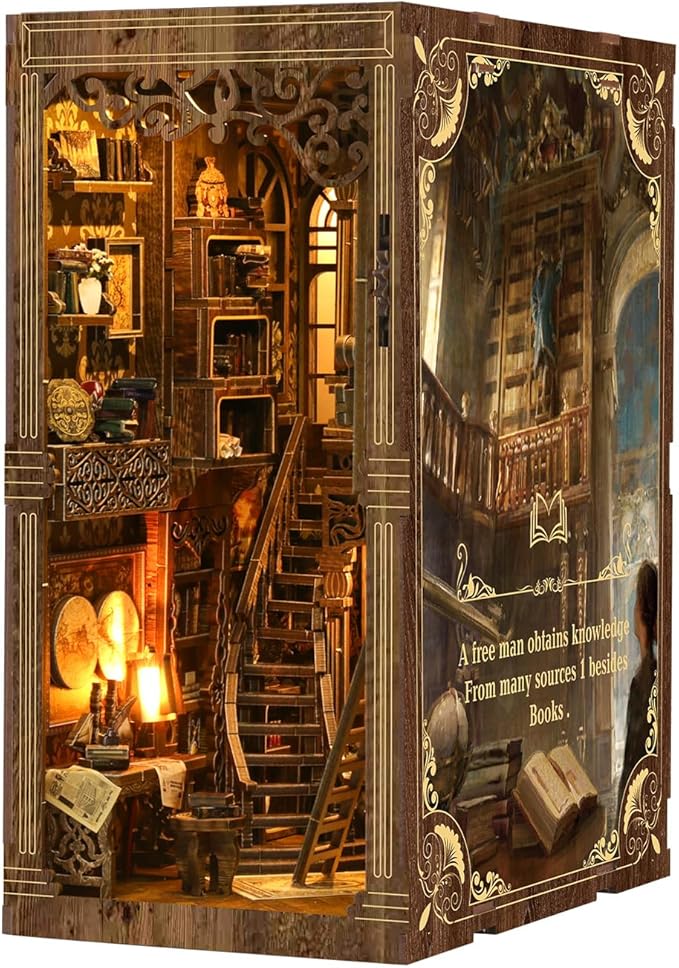 Book Nook Kit, DIY Miniature House Kit, Mini House Building Kit, Miniature Dollhouse Kit for Adults and Teens, 3D Wooden Puzzles with LED Light, Bookshelf Craft Kit (Ancient Book Collection Room)