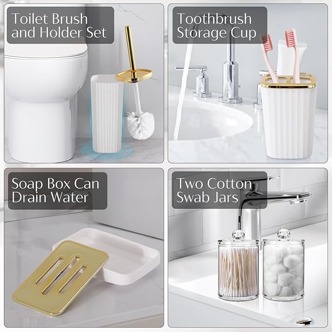 WSBArt 17PCS Bathroom Accessory Set Bathroom Set Gold Bathroom Accessories,Toilet Brush, Trash Can, Qtip Holder Dispenser& 3PCS Soap Dispenser