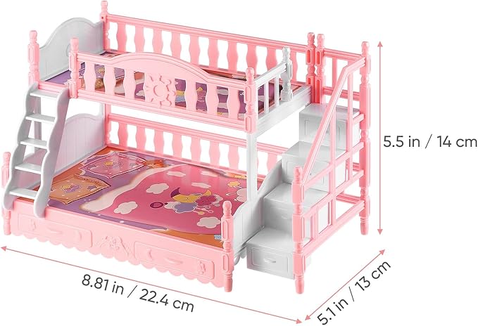Totority 1/12 Scale Dollhouse Bunk Bed Dollhouse Furniture with Bedding and Pillow, Space-Saving Lightweight Design for Kids' Pretend Play and Doll House Decoration
