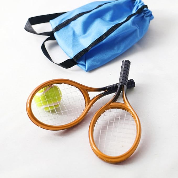 Mini Tennis Racket and Ball Set Mini Tennis Decor Miniature Tennis Kit Adults, Golden