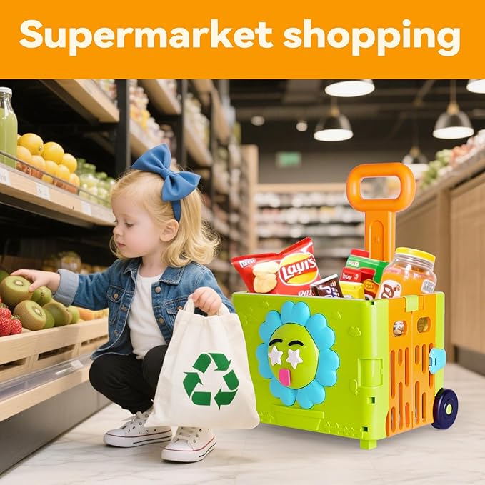 45PCS 3-in-1 Toddler Girl Foldable Shopping Cart Trolley Play Set W/Pretend Play Food for Kids Kitchen ,Cutting Fake Food W/Pizza ,Hamburger ,Play Kitchen Accessories,Gifts for Boys and Girls Ages 3+