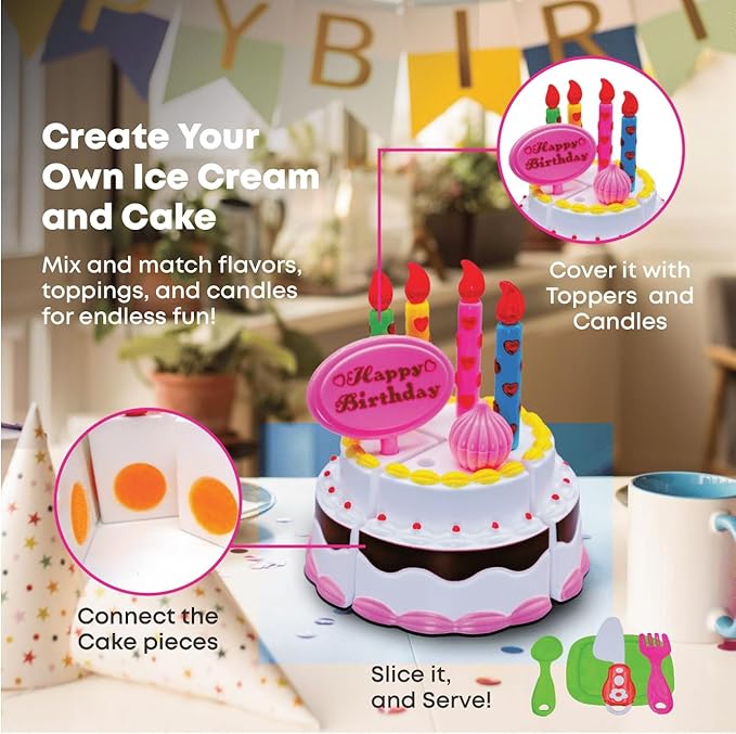 FUNERICA Play Food Goodies Set - Features Cutting Pizza, Ice Cream, Toy Birthday Cake, Fries, Dessert – Pretend Kitchen Toys for Toddlers, Boys, Girls