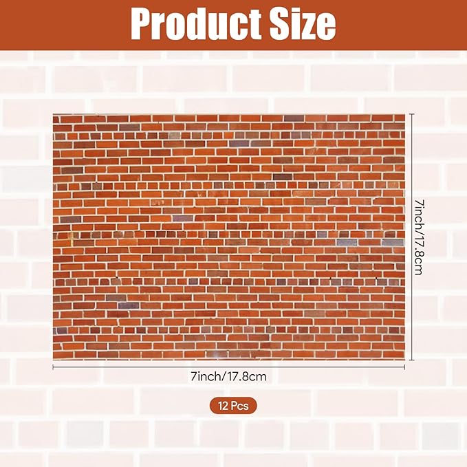 12 Pcs Dollhouse Wallpaper Miniature Dollhouse Accessories Peel and Stick Self Adhesive Miniature Wallpaper Flooring for DIY Doll House Mini Room Decoration Craft Projects 8.3" x 11.7" (Red Brick)