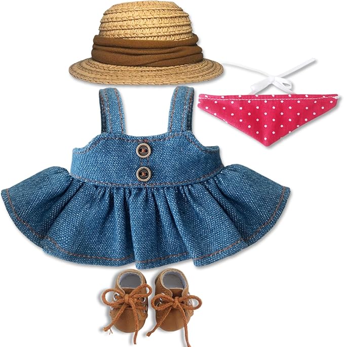 Clothes for 6.7in/17cm Dolls (Without Dolls),Sets and Accessories,4PCS (Straw hat + Neck Scarf + Skirt + Shoes), Collectors and As Gifts. (Denim Puff Skirt)