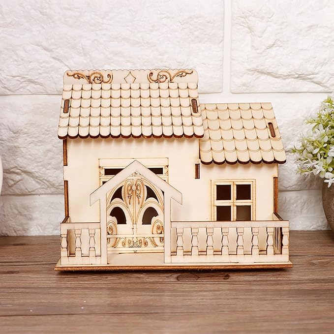 Buachois House Piggy Bank, 13 X 14 X 15cm Miniature Villa Coin Storage Box with Night Light, Wooden Money Bank House Model Dollhouse for Great Desktop Gift(#2)