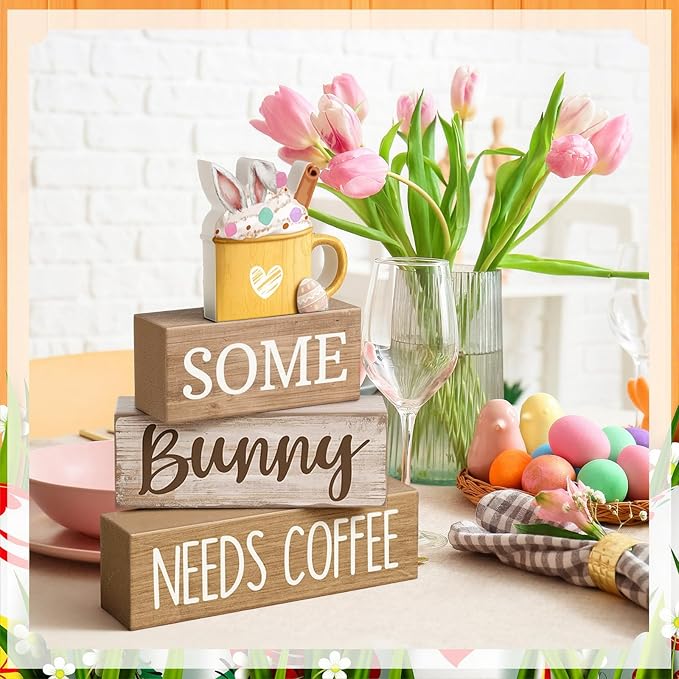 Moucuny 4 Pcs Easter Table Decorations Wooden Coffee Bunny Tiered Tray Decor Happy Easter Centerpiece for Tables Decorative Rabbit Block Signs Gifts Farmhouse Rabbit Decor for Home Kitchen Shelf