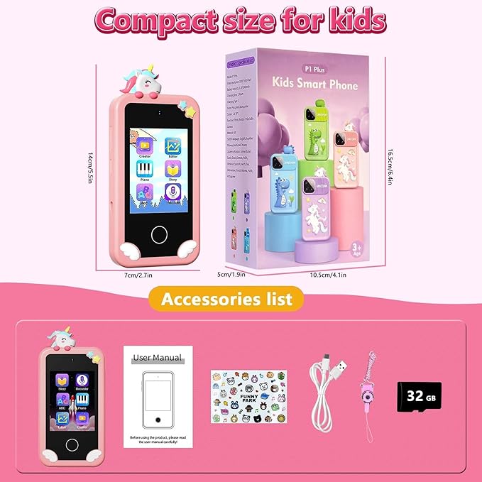 BEBESIRI Kids Camera Mini Smartphone Toy for Girls, 2.8" Touch Screen, 22 Learning Games, Dual Camera, Music Player, 32GB Card, Christmas Birthday Gift, (Pink Unicorn)