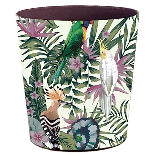 Scakbyer 10L/2.64 Gallon Trash Can, Decorative Waste Basket, PU Leather Waste Paper Basket, Waterproof Garbage Can for Bathroom, Bedroom, Office, Kitchen and Living Room - Green and White Bird
