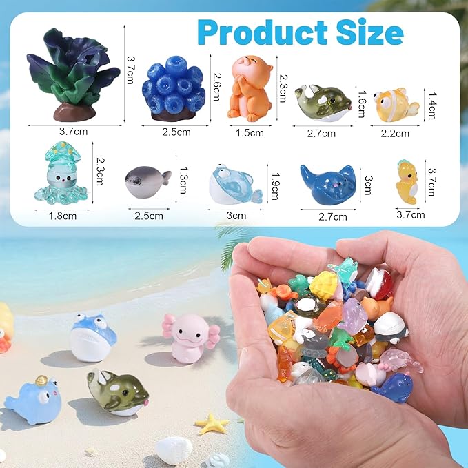 50 Pcs Mini Ocean Resin Animals Figures 50 Styles Tiny Sea Animal to Hide Little Animals Figures for Aquarium Decorations Fish Tank Ornaments Fairy Garden Miniature Landscape Dollhouse Accessories