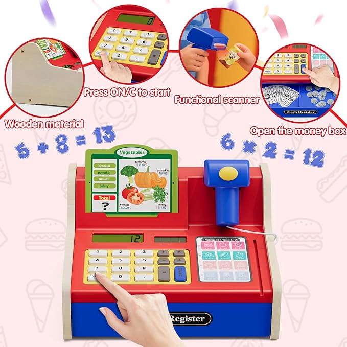 Wee Wonders Wooden Cash Register for Kids with Real Calculator, Rechargeable Cash Register Toy with Scanner/Play Money/Food/Credit Card/Menu, Pretend Play Toys Gifts for Boys Girls Ages 3-8, Blue
