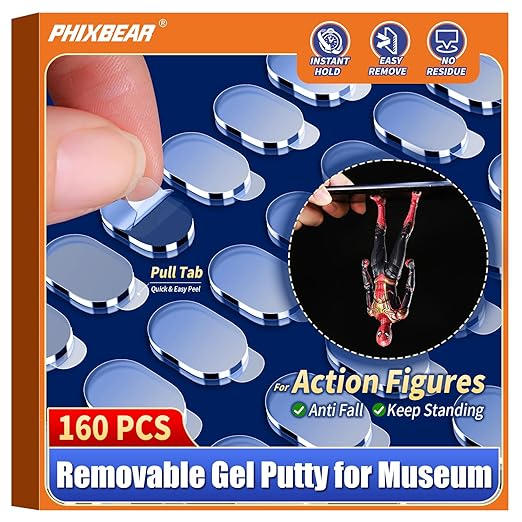 PHIXBEAR 160 Pcs Pro Removable Gel Glue Putty with Pull Tab for Museum Action Figures, Clear Earthquake Adhesive Dots, Sticky Tack for Wall Hanging, 0.31x 0.51 Wax Mounting Putty