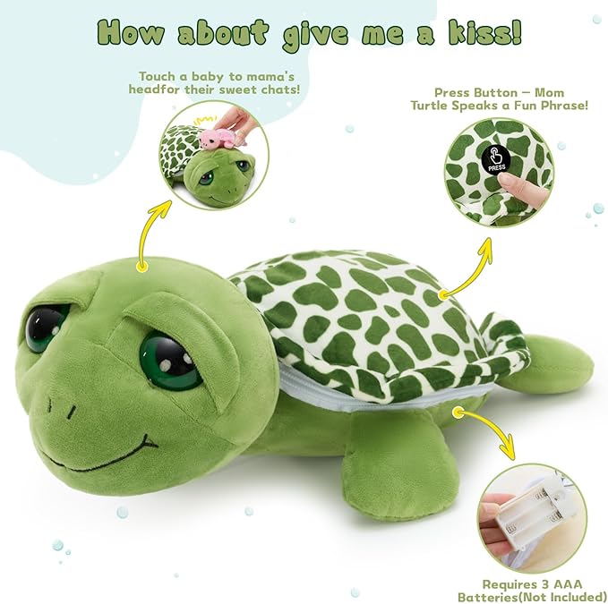 6Pcs Sound Turtle Plush Toy, 14" Talking Mother Turtle Stuffed Animal with 3 Baby Tortoise & 2 Eggs, Stuffed Educational Sea Creature for Kids, Ocean Plushies Gift for Birthday Christmas
