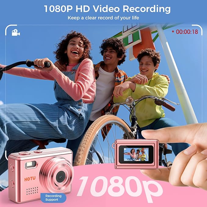 HOTU Mini Keychain Camera, Y2K Portable Mini Digital Camera, 2MP 1080P Video Recording Small Camera with 32GB Card for Kids, Long Battery Life for Travel, Vlog, Rose Gold
