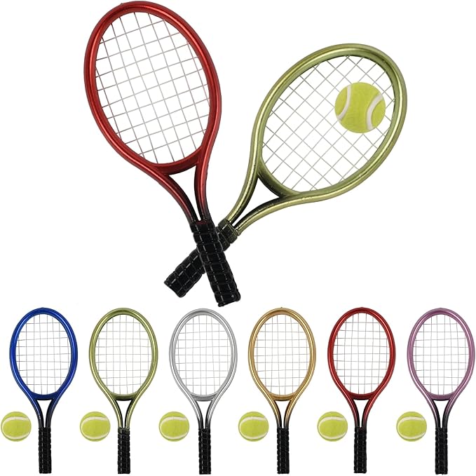 HUIANER Miniatures Tennis Racket 12pcs Mini Tennis Racket Keychain Dollhouse Accessories Sports Mini Tennis Set Mini Dollhouse Kitchen Fairy Garden Cake Topper Decoration
