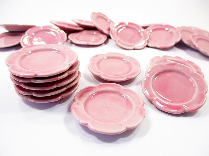 Dollhouse Miniature Kitchenware Ceramic 9 Pink Scallop Plate Dish 4cm 1:6 2356
